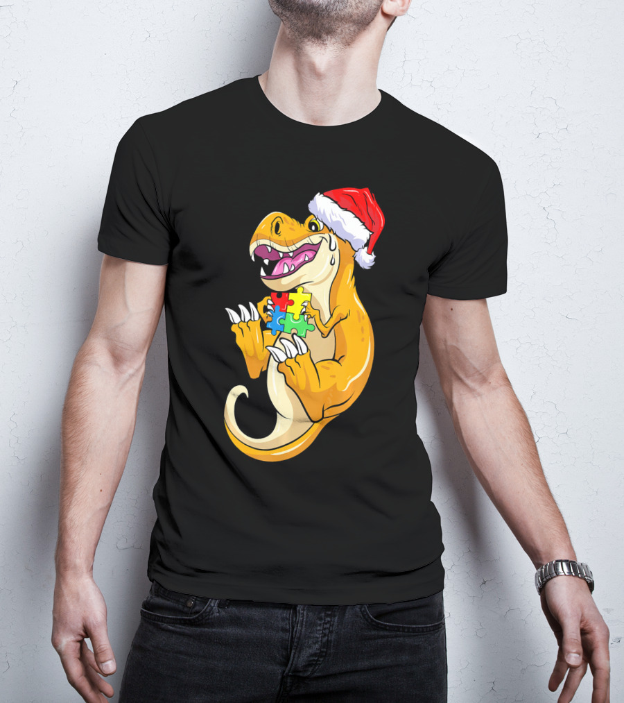 Christmas Autism Awareness Dinosaur Santa Hat Puzzle Pieces T-Shirt