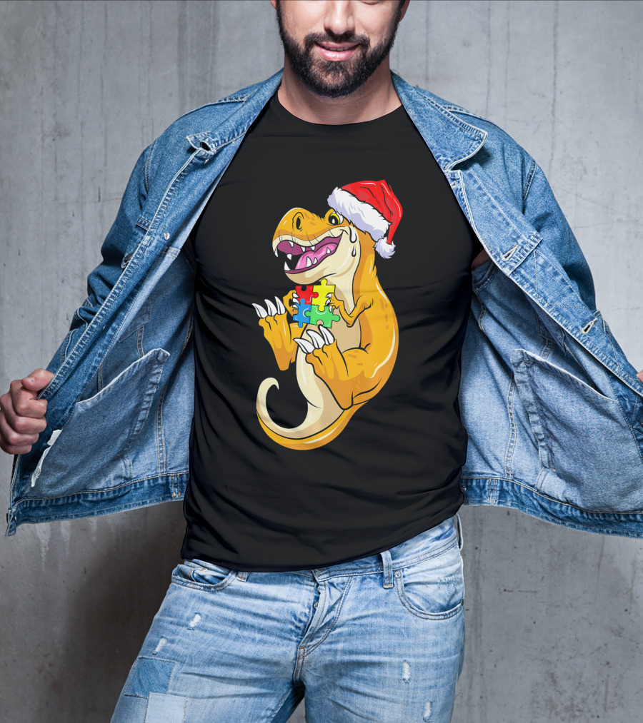 Christmas Autism Awareness Dinosaur Santa Hat Puzzle Pieces T-Shirt