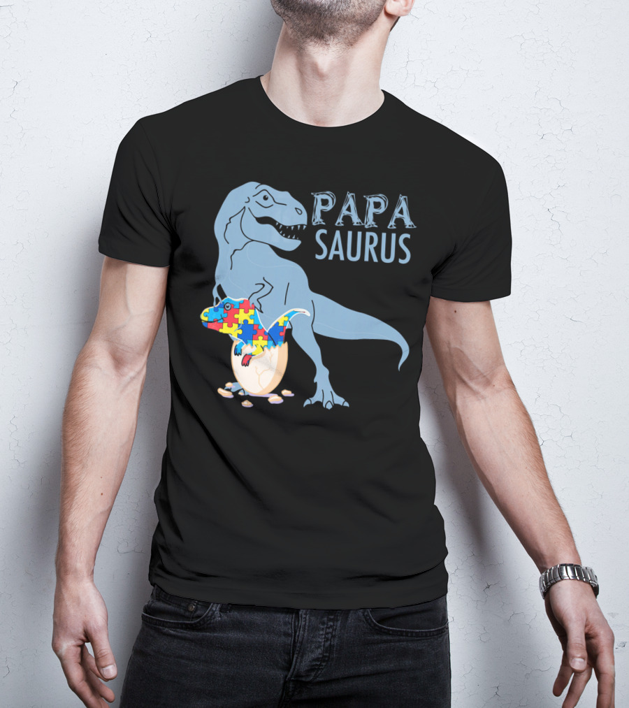 Papasaurus Autism Awareness Dinosaur Puzzle Pieces T-Shirt