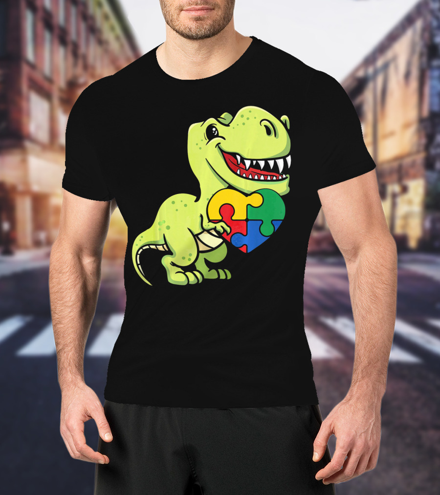 Autism Awareness Day Dinosaur T-Rex Holding Puzzle Heart T-Shirt