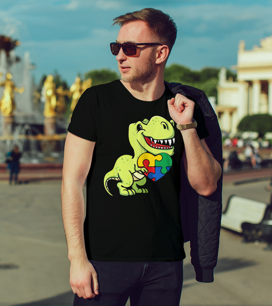 Autism Awareness Day Dinosaur T-Rex Holding Puzzle Heart T-Shirt