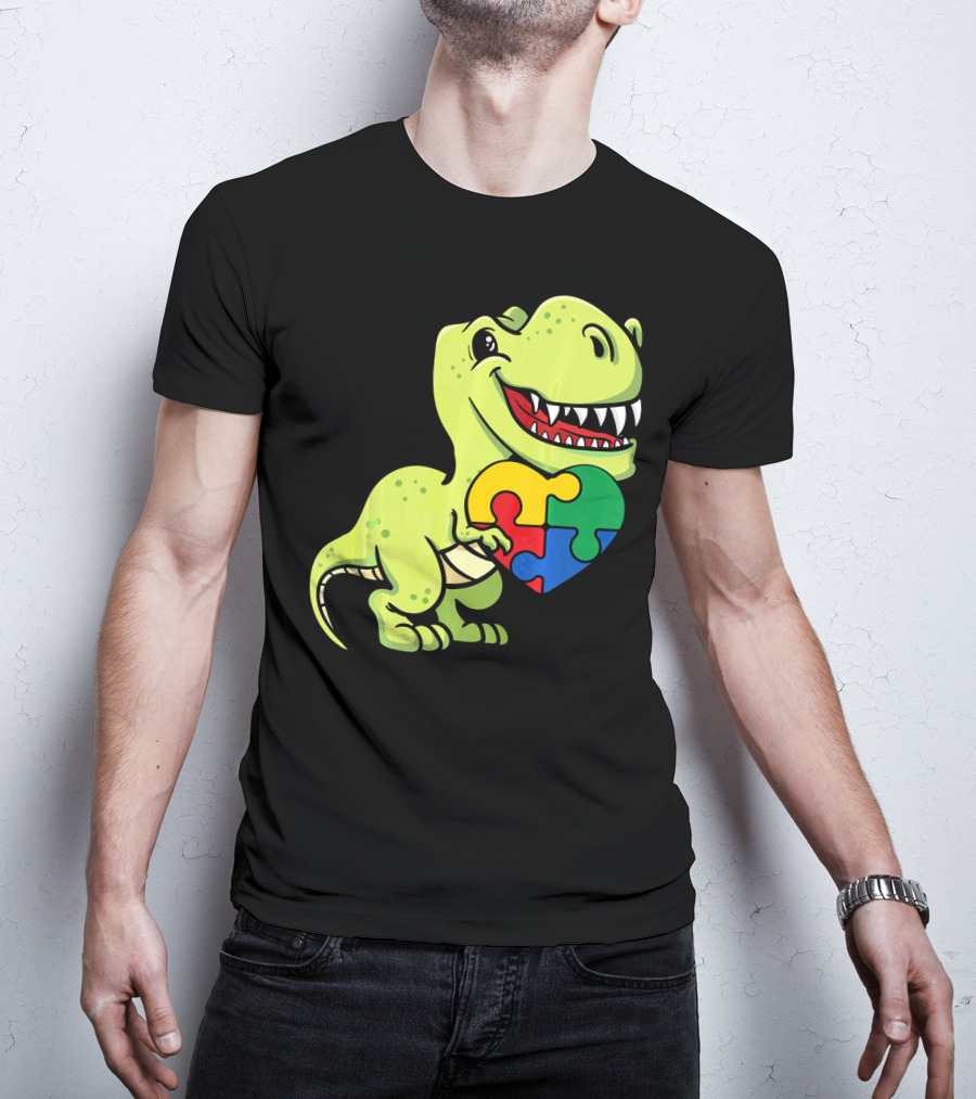 Autism Awareness Day Dinosaur T-Rex Holding Puzzle Heart T-Shirt