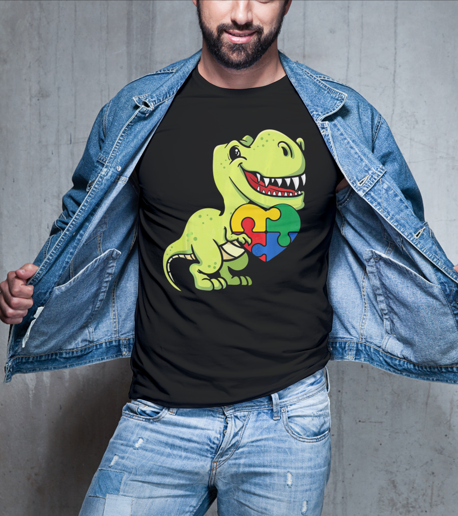 Autism Awareness Day Dinosaur T-Rex Holding Puzzle Heart T-Shirt