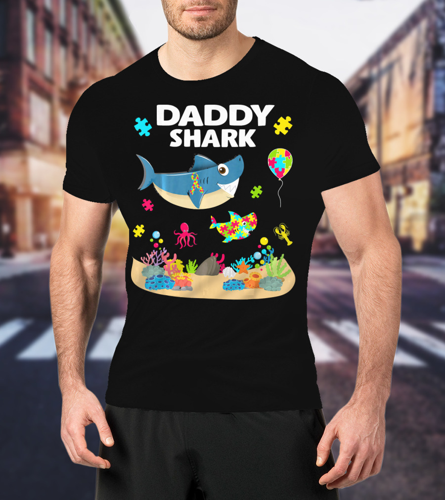 Daddy Shark Funny Autism Awareness Underwater Scene With Balloons And Puzzle Pieces T-Shirt
