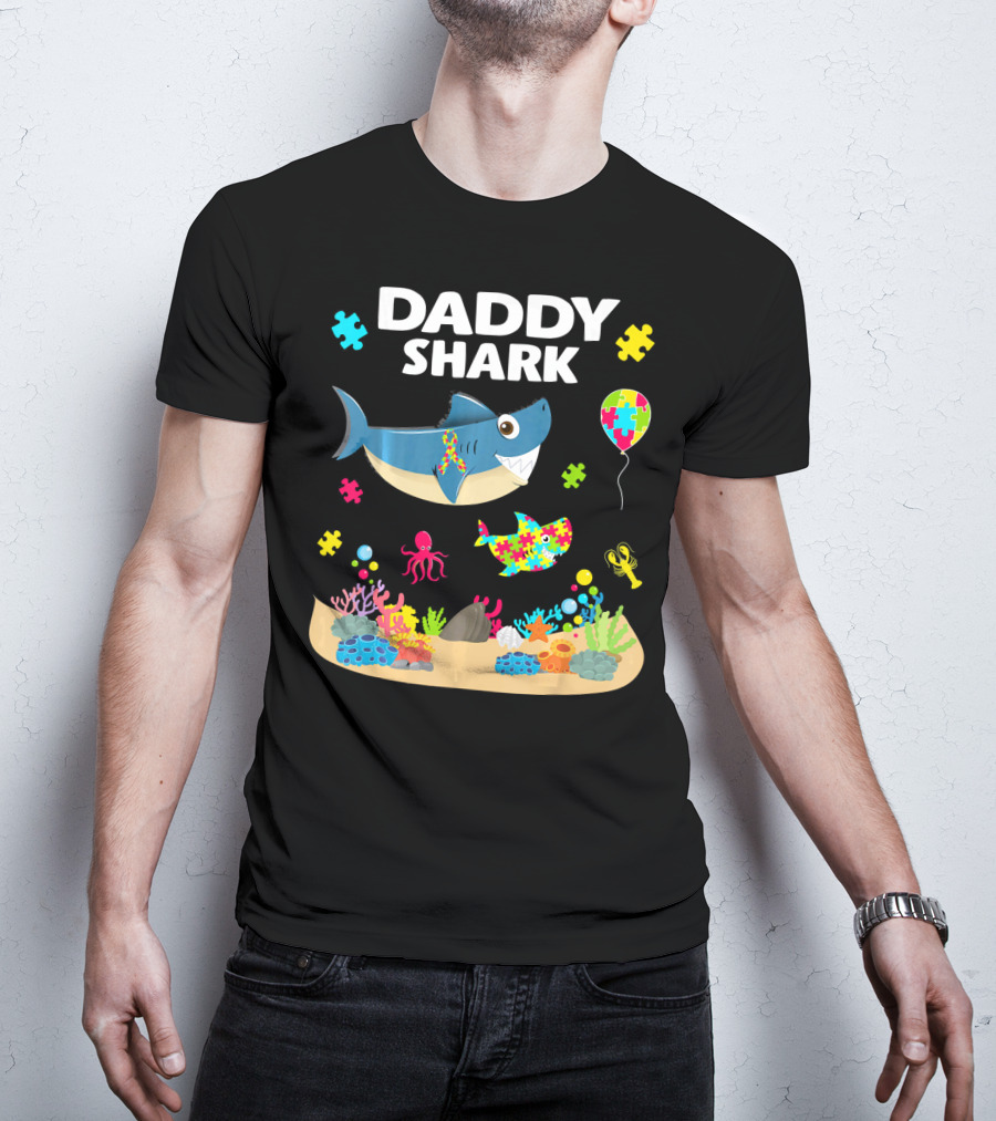 Daddy Shark Funny Autism Awareness Underwater Scene With Balloons And Puzzle Pieces T-Shirt