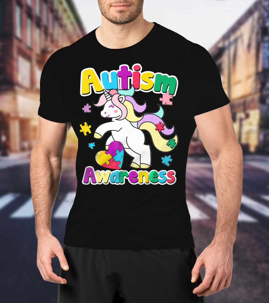 Autism Awareness Unicorn Puzzle Pieces Rainbow Heart T-Shirt