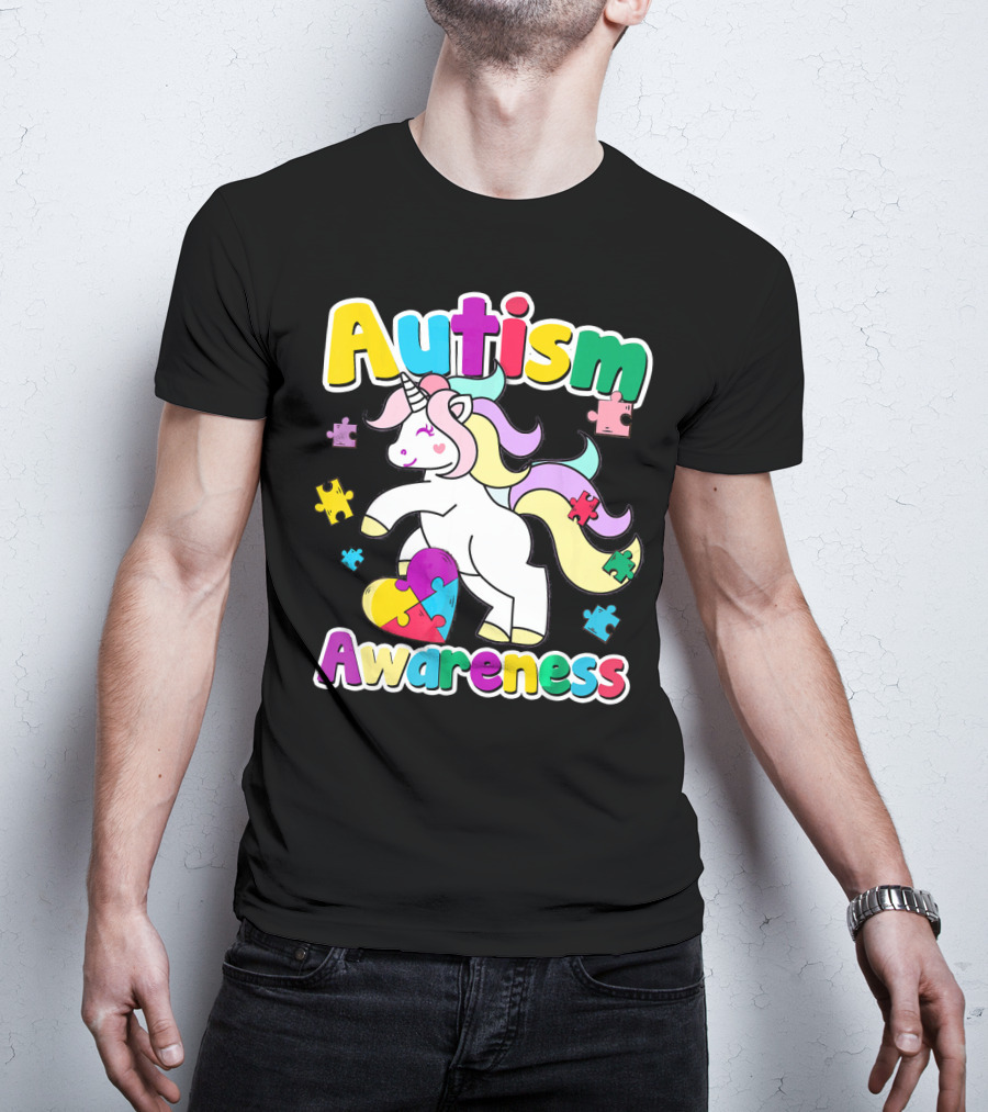 Autism Awareness Unicorn Puzzle Pieces Rainbow Heart T-Shirt