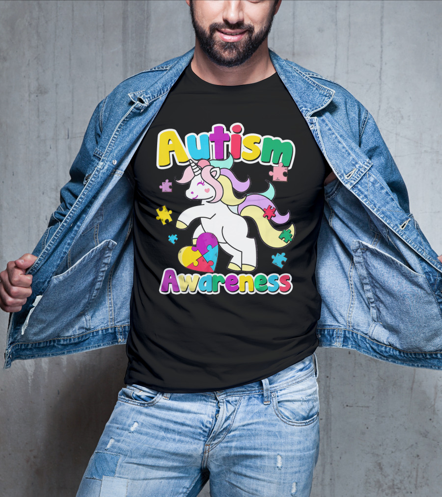 Autism Awareness Unicorn Puzzle Pieces Rainbow Heart T-Shirt