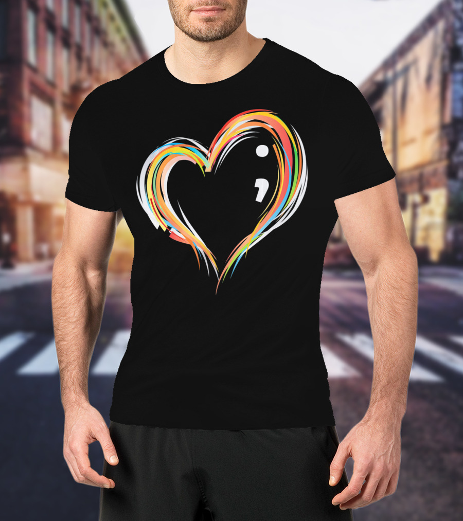 Heart Semicolon Rainbow Design For Mental Health Awareness T-Shirt