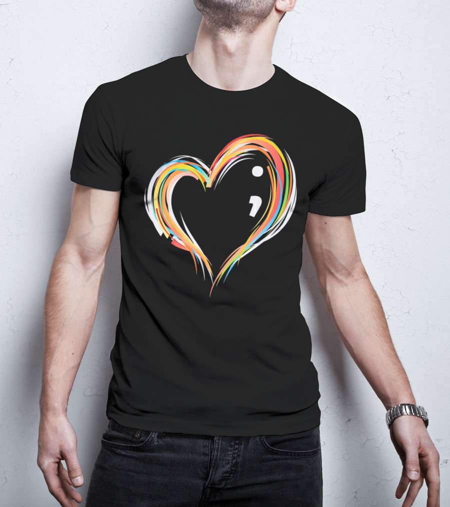 Heart Semicolon Rainbow Design For Mental Health Awareness T-Shirt