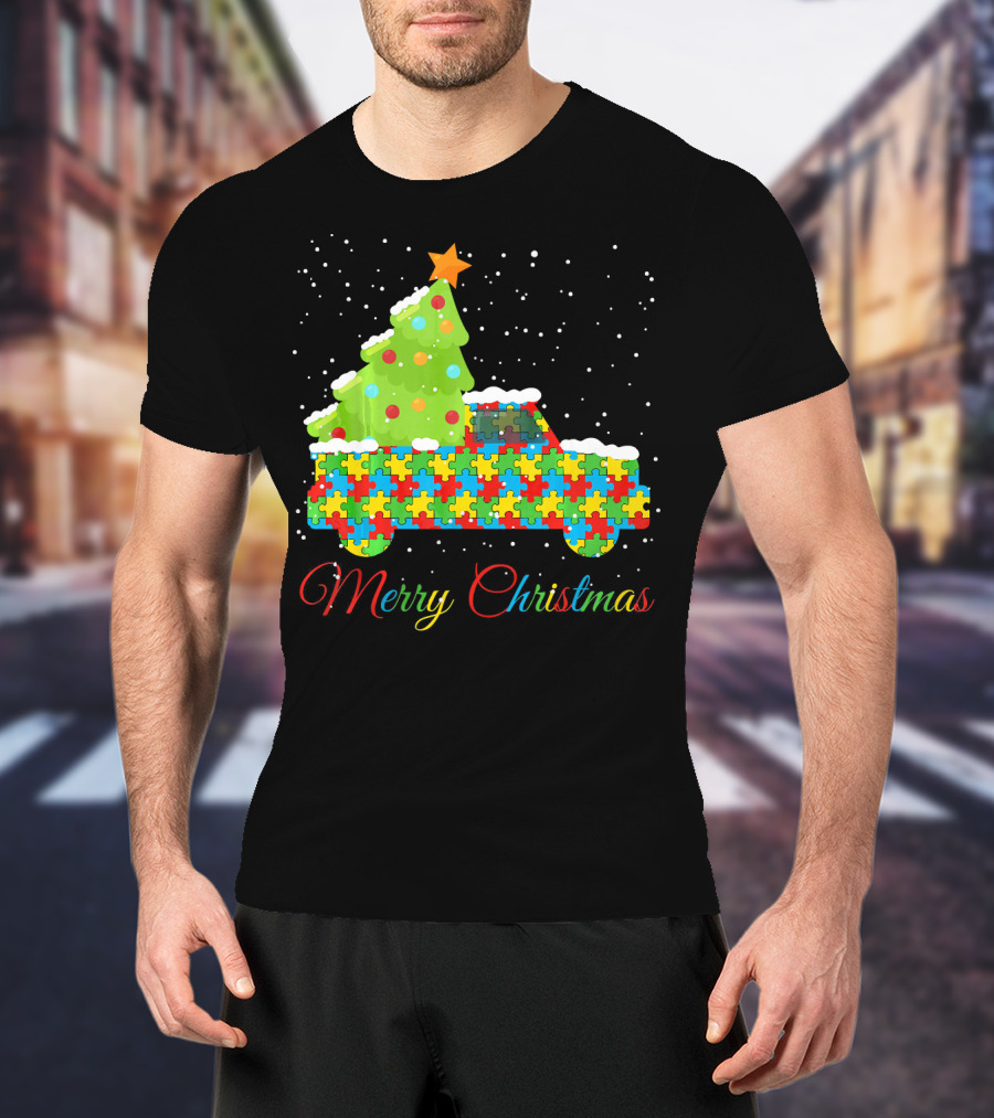 Merry Christmas Puzzle Truck Autism Awareness T-Shirt