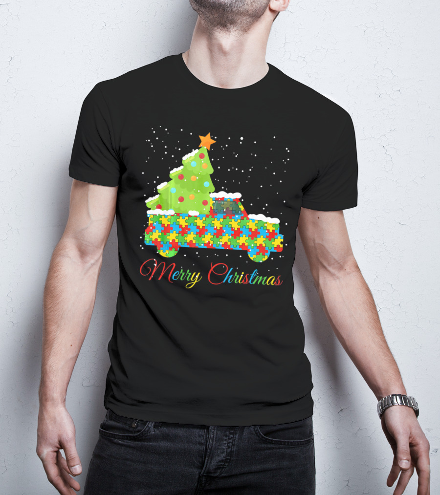 Merry Christmas Puzzle Truck Autism Awareness T-Shirt