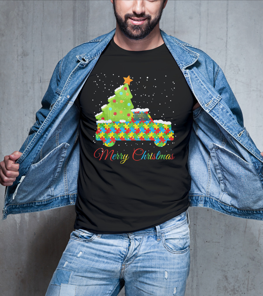 Merry Christmas Puzzle Truck Autism Awareness T-Shirt