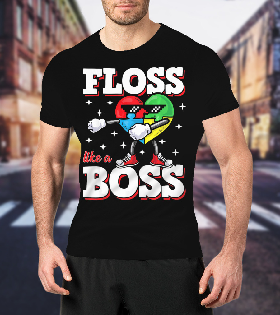 Floss Like A Boss Autism Awareness Heart With Cool Sunglasses T-Shirt