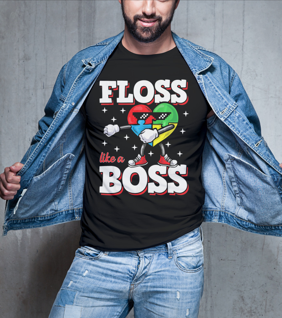 Floss Like A Boss Autism Awareness Heart With Cool Sunglasses T-Shirt