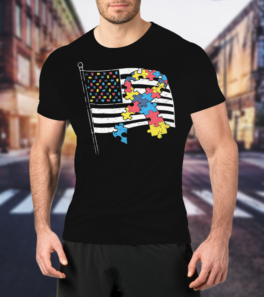 American Distressed Flag Puzzle Ribbon Autism Awareness T-Shirt