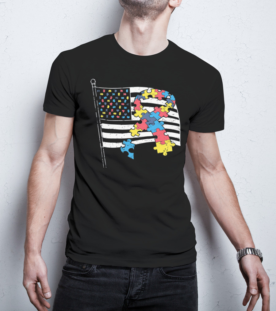 American Distressed Flag Puzzle Ribbon Autism Awareness T-Shirt