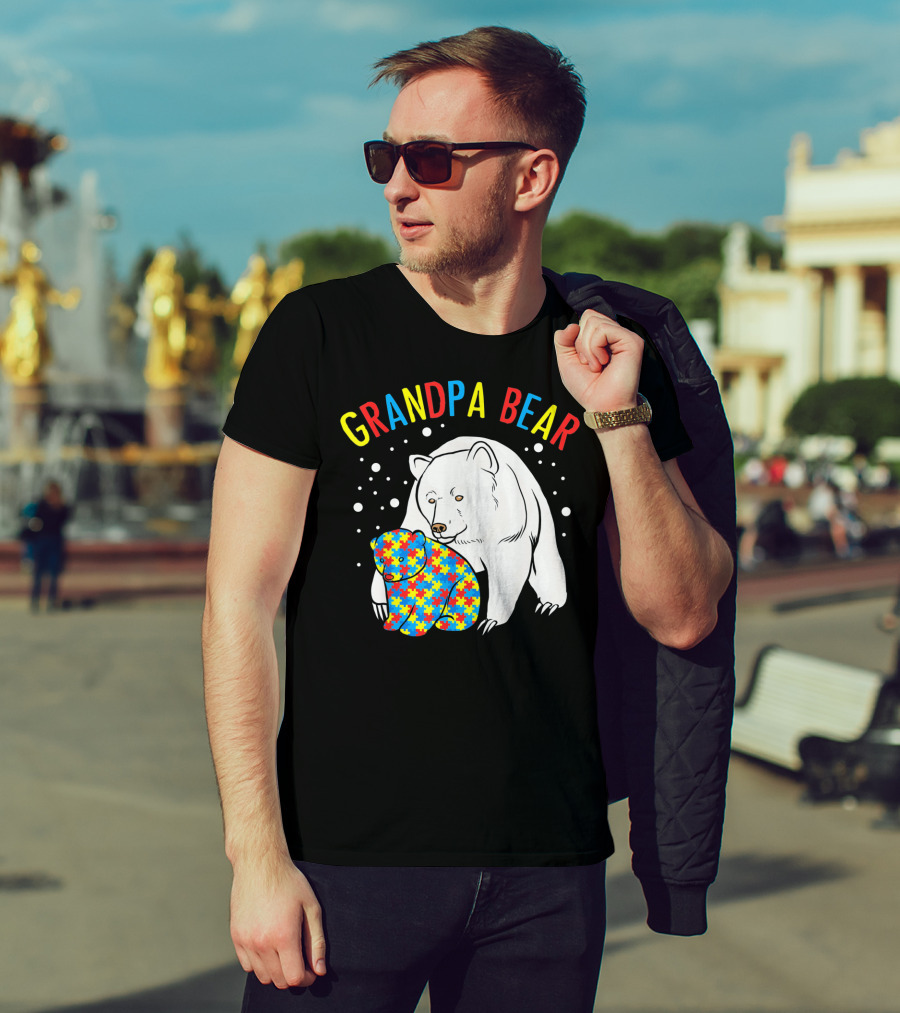 Grandpa Bear Mens Autism Awareness Puzzle Bear T-Shirt