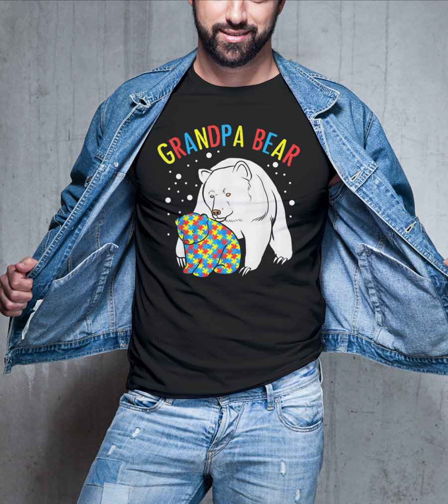 Grandpa Bear Mens Autism Awareness Puzzle Bear T-Shirt