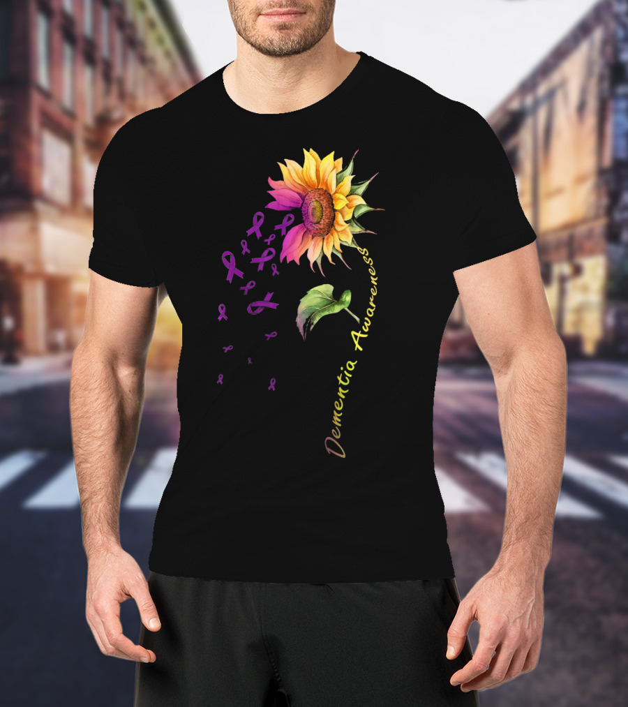 Dementia Awareness Sunflower With Purple Ribbons T-Shirt