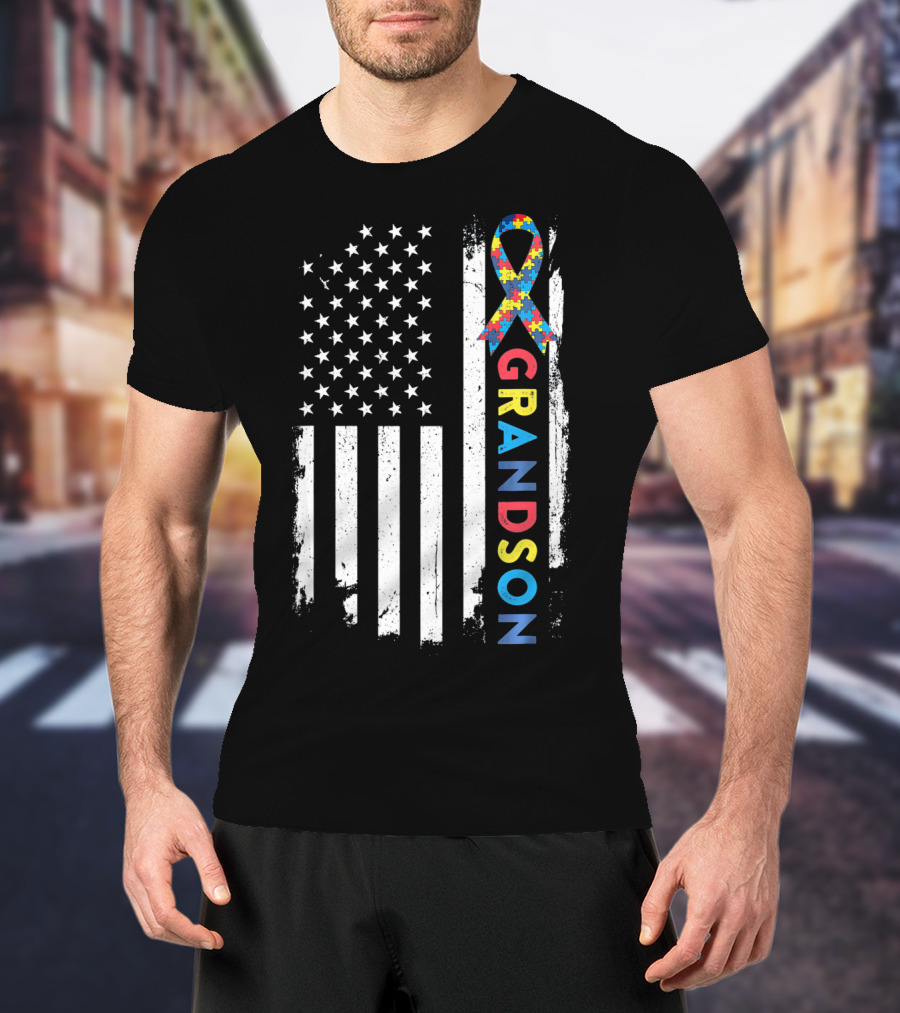 Autism Awareness American Flag Grandson Kids T-Shirt