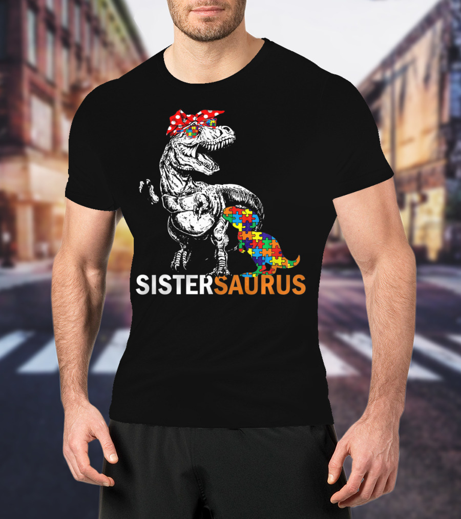 Sister Saurus Autism Awareness Dinosaur Puzzle Print T-Shirt
