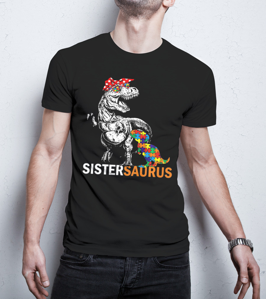 Sister Saurus Autism Awareness Dinosaur Puzzle Print T-Shirt