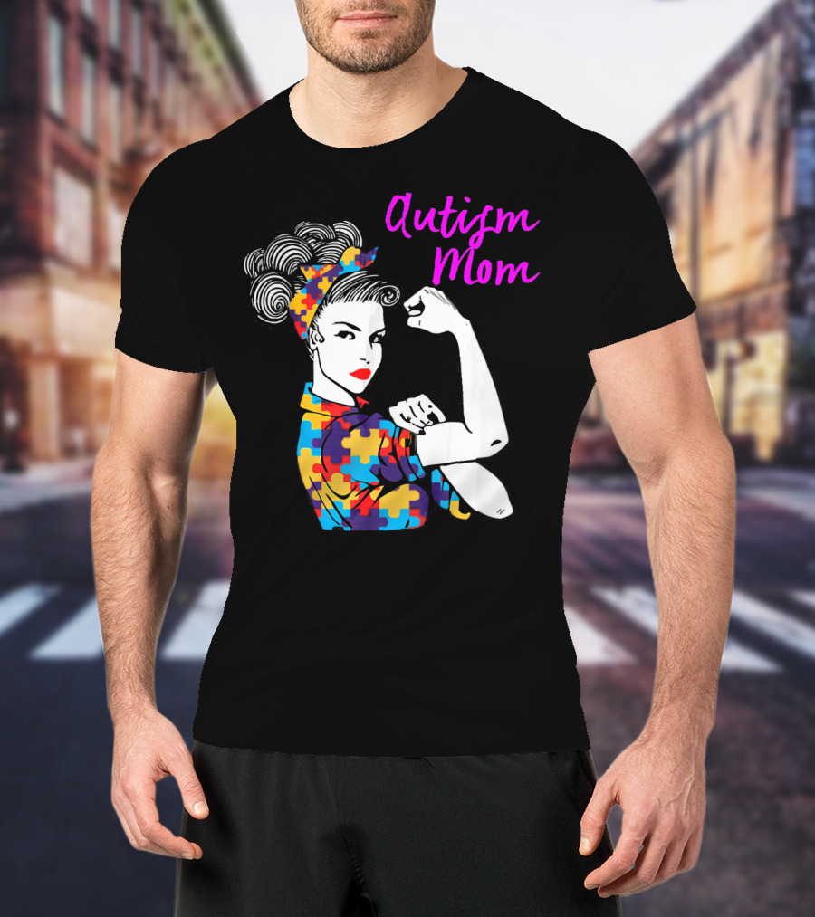 Autism Mom Awareness Iconic Rosie The Riveter Puzzle T-Shirt