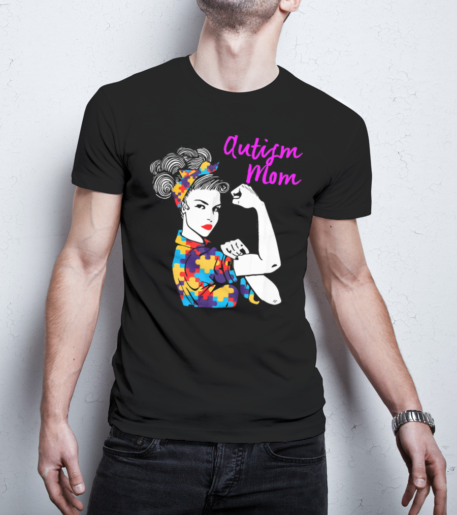Autism Mom Awareness Iconic Rosie The Riveter Puzzle T-Shirt