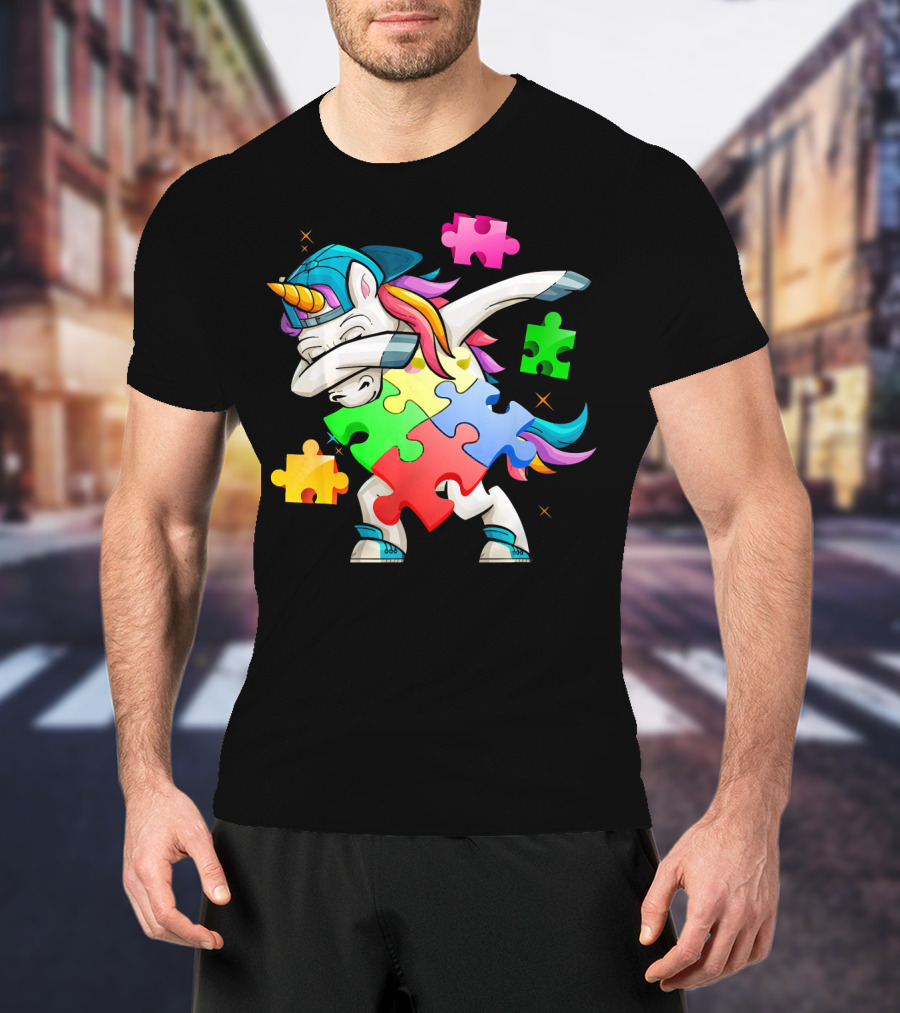 Autism Awareness Dabbing Unicorn Rainbow Puzzle Pieces T-Shirt