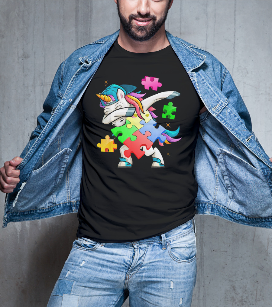 Autism Awareness Dabbing Unicorn Rainbow Puzzle Pieces T-Shirt