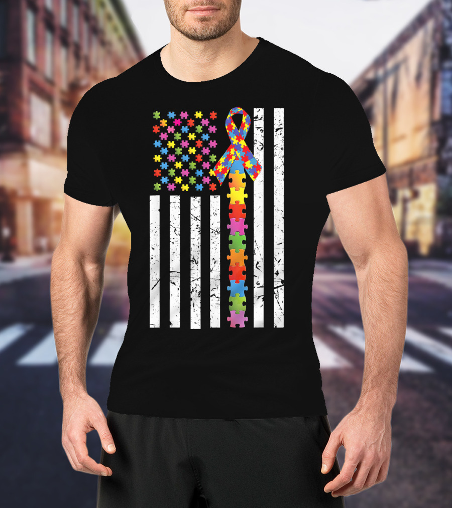 Autism Awareness US Flag Puzzle Ribbon T-Shirt