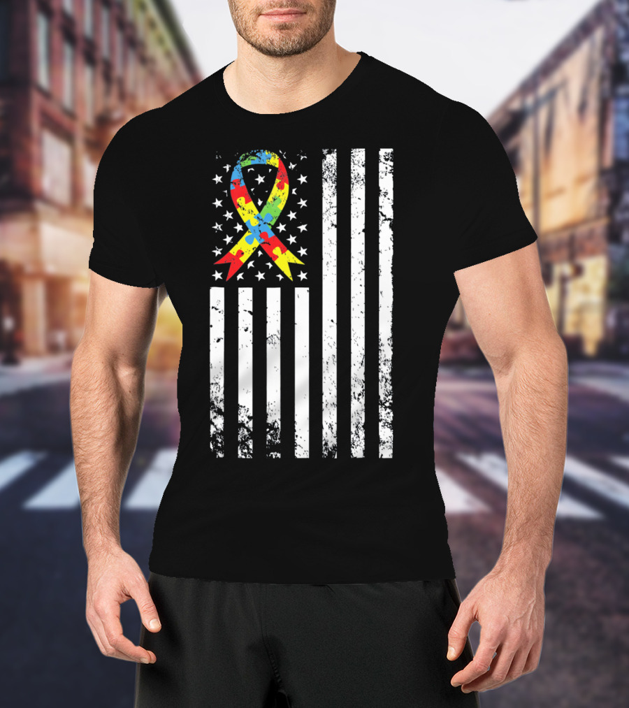Vintage Autism Awareness Puzzle Ribbon US Flag T-Shirt