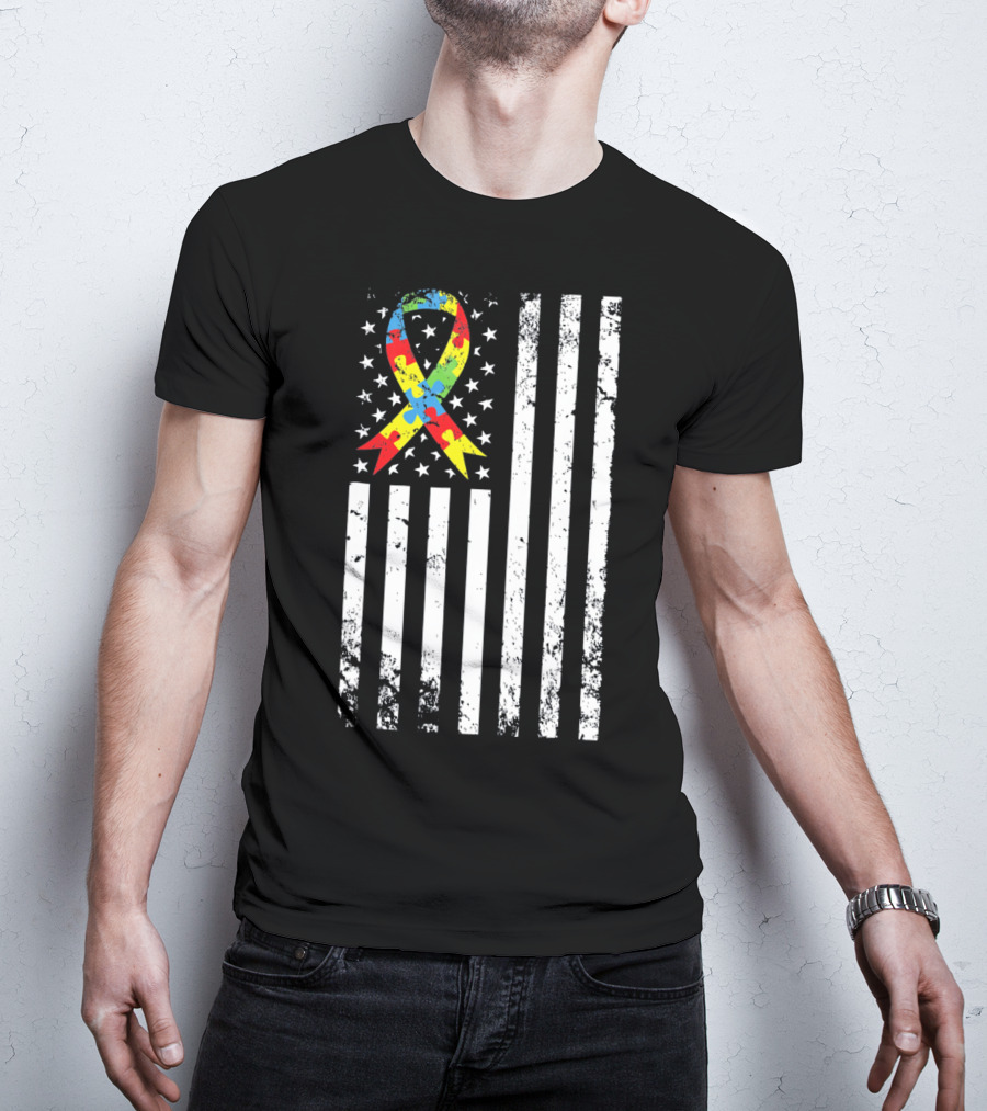 Vintage Autism Awareness Puzzle Ribbon US Flag T-Shirt