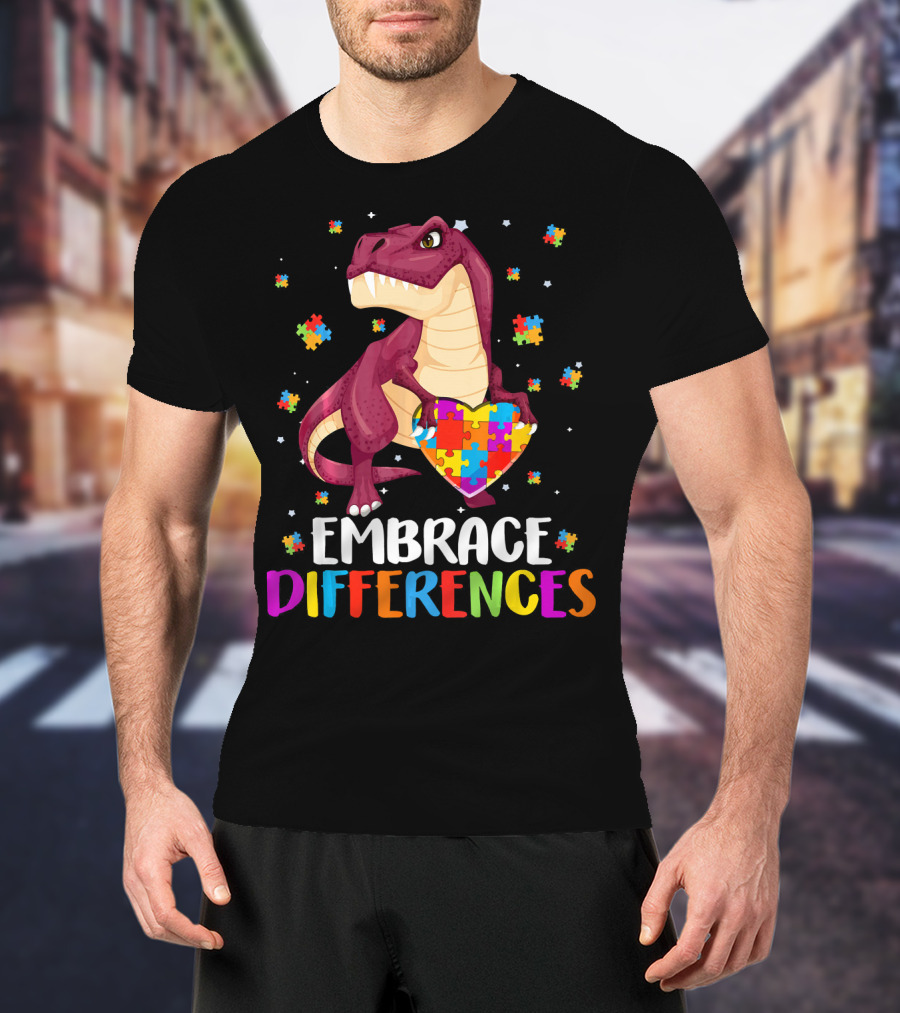 Embrace Differences Dinosaur Puzzle Pieces Autism Awareness T-Shirt