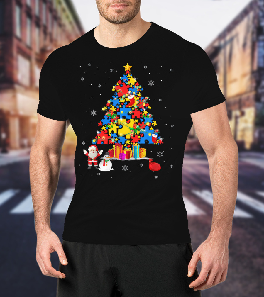 Christmas Trees Autism Awareness Santa Puzzle Snowflakes T-Shirt