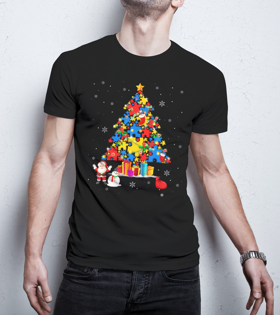 Christmas Trees Autism Awareness Santa Puzzle Snowflakes T-Shirt