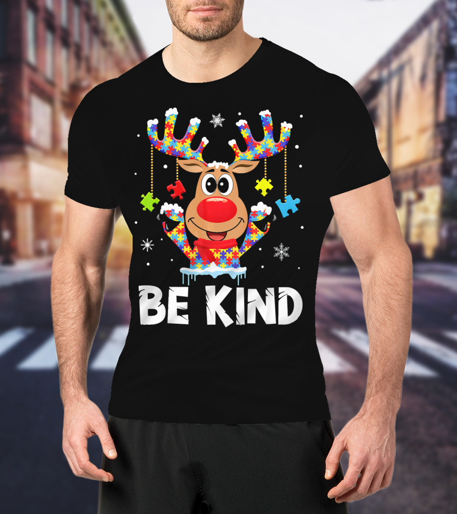 Be Kind Reindeer Puzzle Pieces Autism Awareness T-Shirt