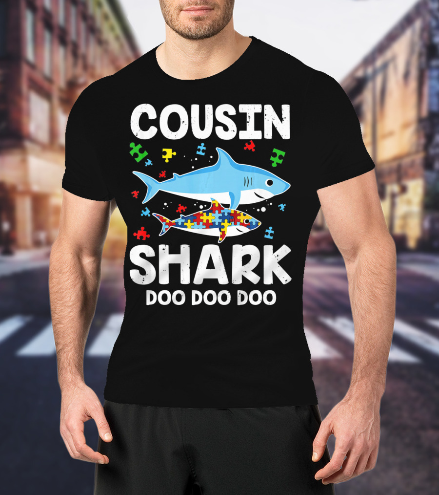Cousin Shark Doo Doo Doo Autism Awareness Puzzle Pieces T-Shirt