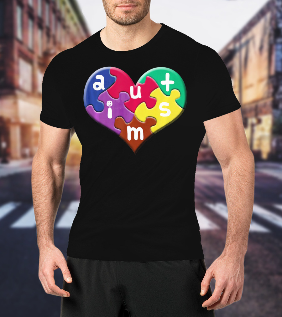 Autism Awareness Heart Puzzle Pieces Love Smile Colorful T-Shirt