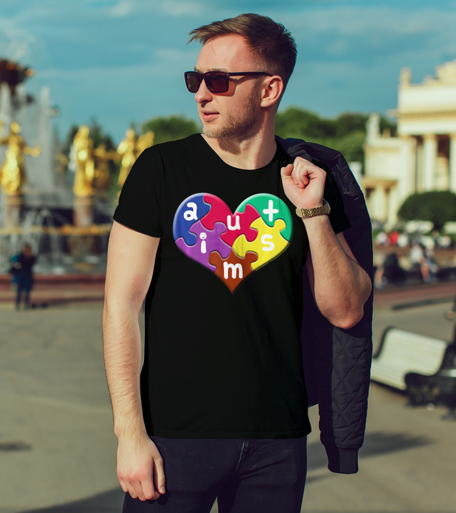 Autism Awareness Heart Puzzle Pieces Love Smile Colorful T-Shirt