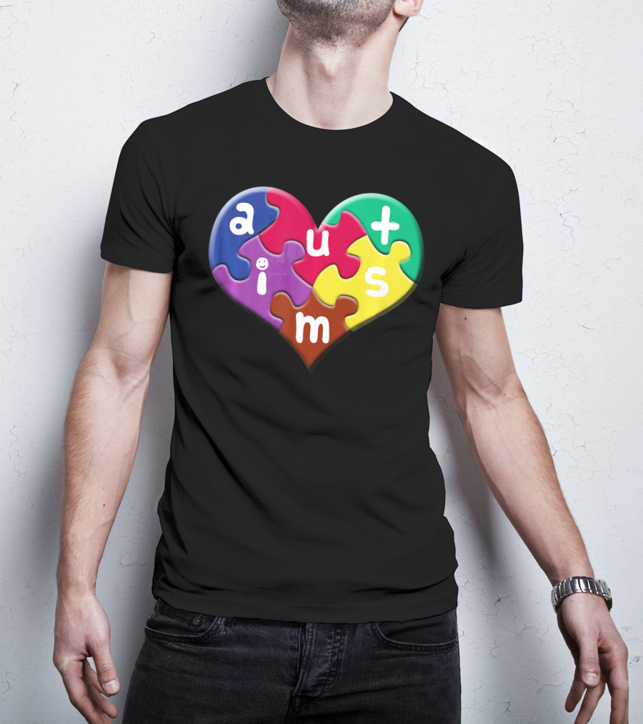 Autism Awareness Heart Puzzle Pieces Love Smile Colorful T-Shirt