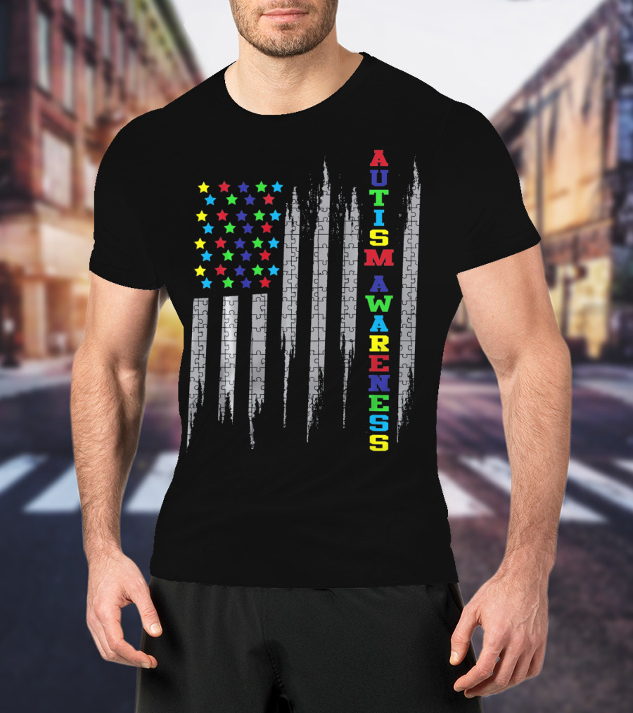 Autism Awareness Day USA Flag Puzzle Stars T-Shirt