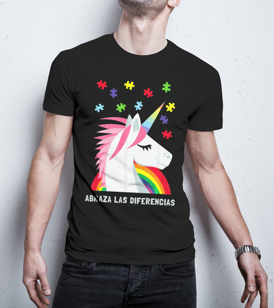 Abraza Las Diferencias Autism Awareness Spanish Unicorn Puzzle Pieces T-Shirt