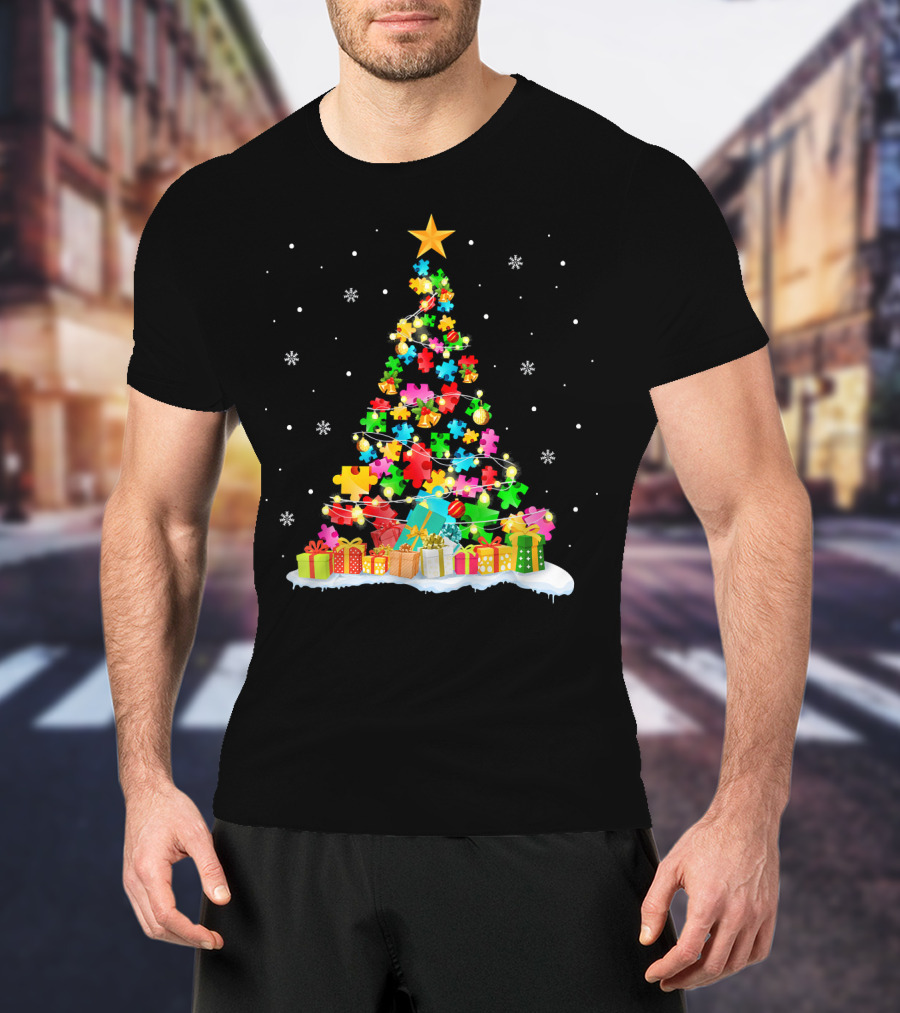 Autism Awareness Puzzle Piece Christmas Tree Holiday T-Shirt