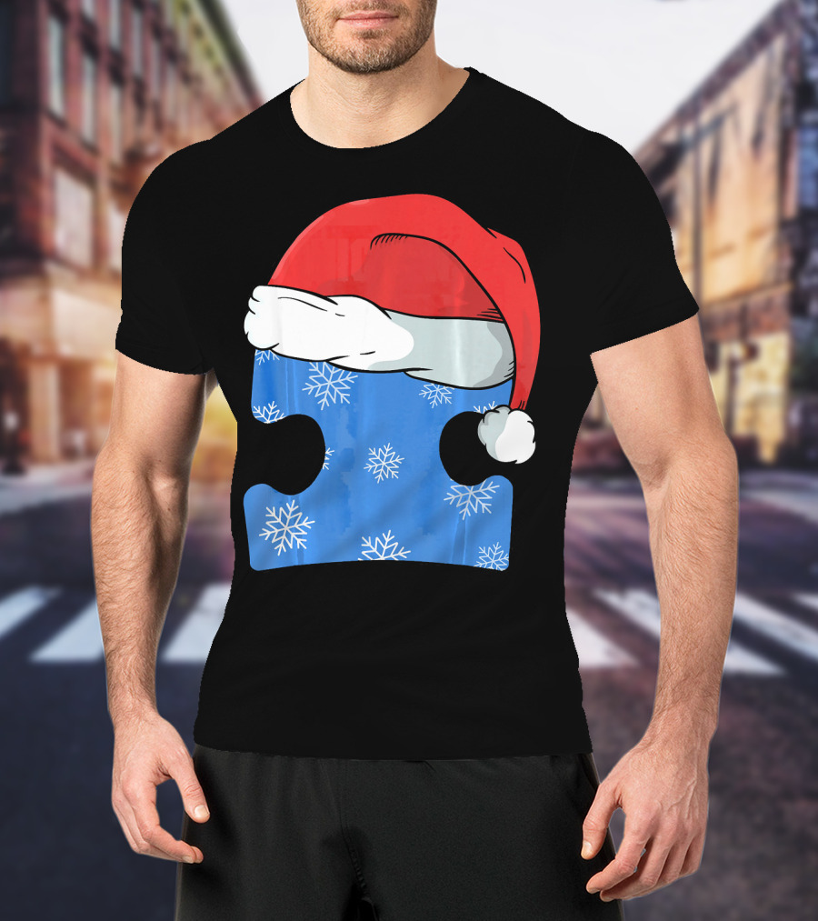 Autism Awareness Puzzle Piece Blue Snowflake Santa Hat T-Shirt