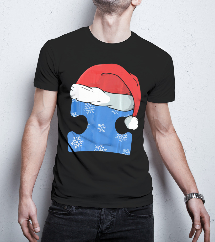 Autism Awareness Puzzle Piece Blue Snowflake Santa Hat T-Shirt
