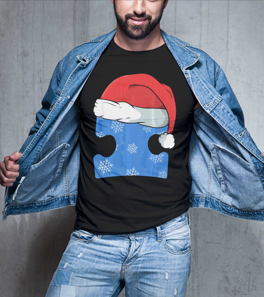 Autism Awareness Puzzle Piece Blue Snowflake Santa Hat T-Shirt