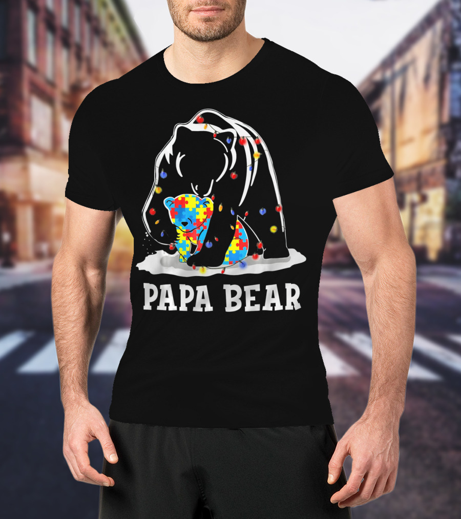Papa Bear Puzzle Piece Autism Awareness Lights T-Shirt