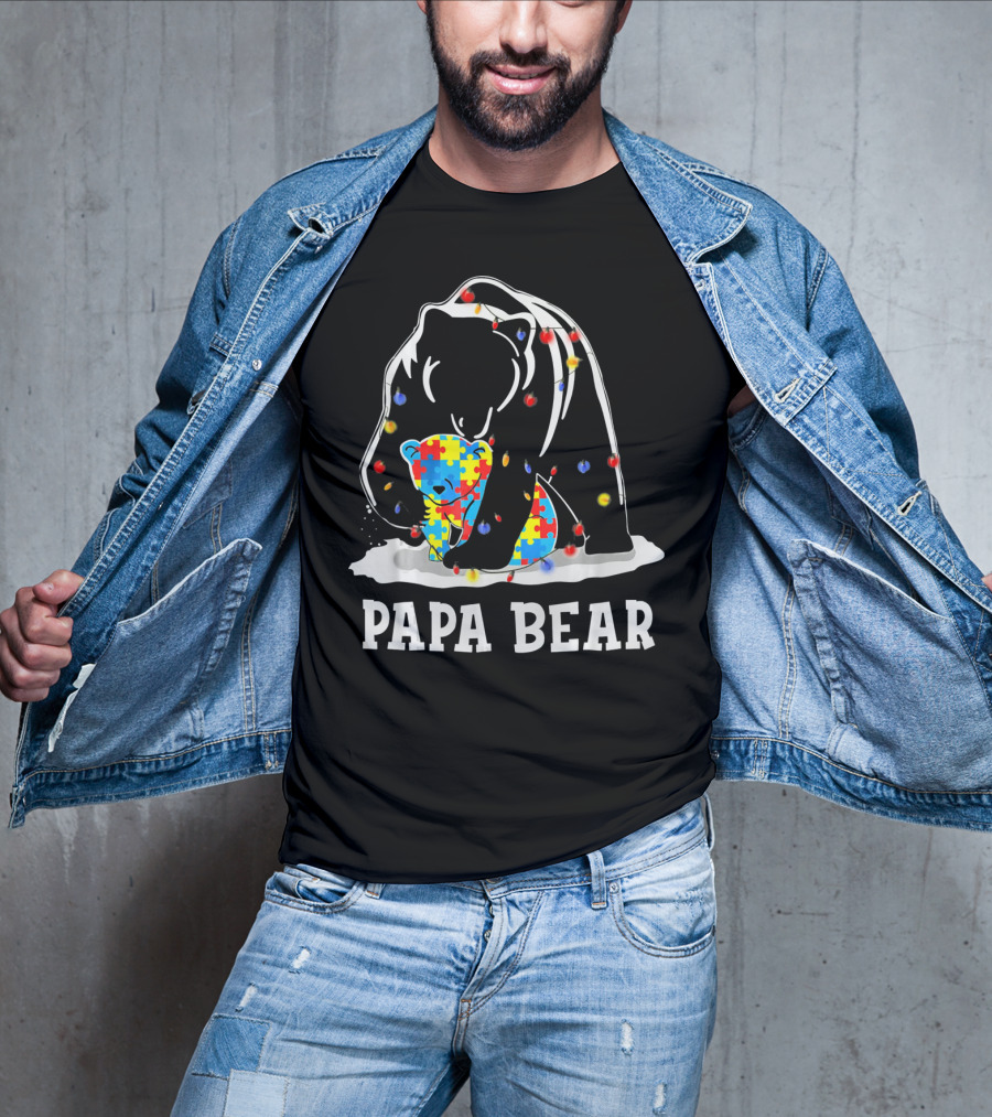 Papa Bear Puzzle Piece Autism Awareness Lights T-Shirt